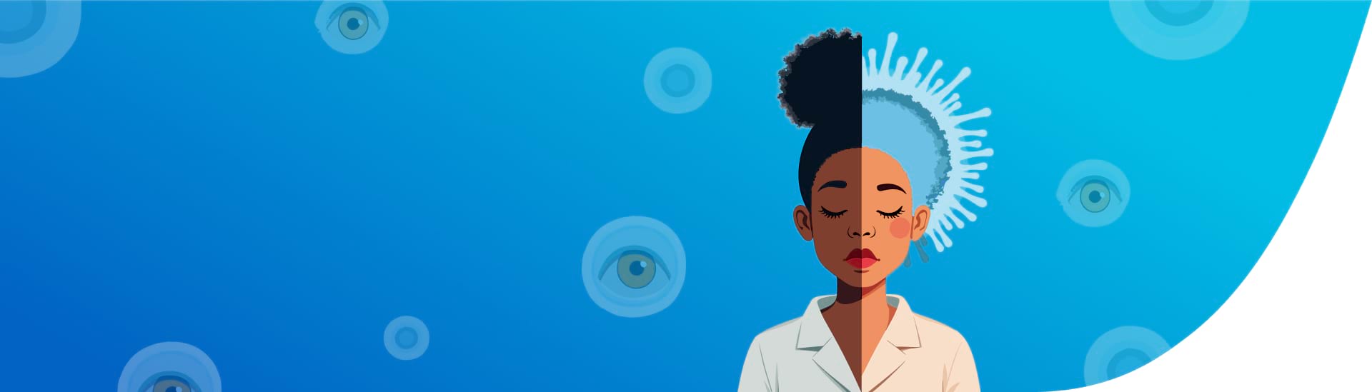 Illustratie van een vrouw in een witte jas, half natuurlijk, half blauw, tegen een blauwe achtergrond met celvormen met ogen.