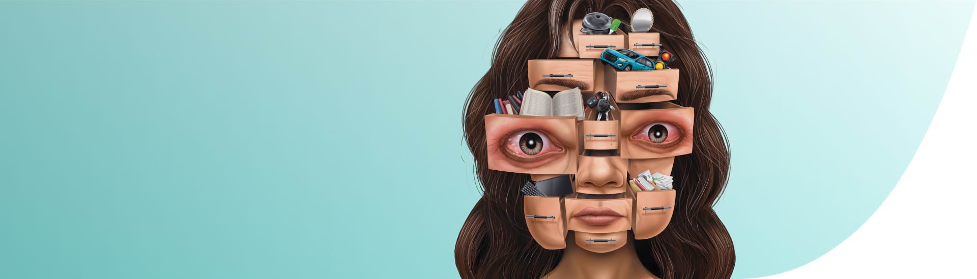 Close-up van een vrouw met ontstoken ogen, opgebouwd uit lades waarin dagelijkse voorwerpen liggen, tegen een groenblauwe achtergrond.