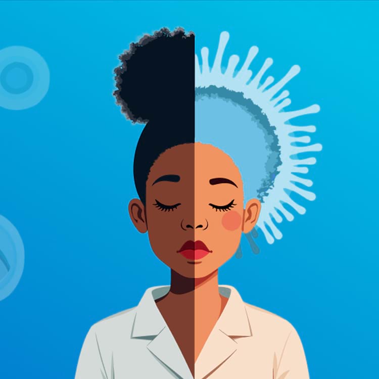 Illustratie van een vrouw in een witte jas, half natuurlijk, half blauw, tegen een blauwe achtergrond met celvormen met ogen.