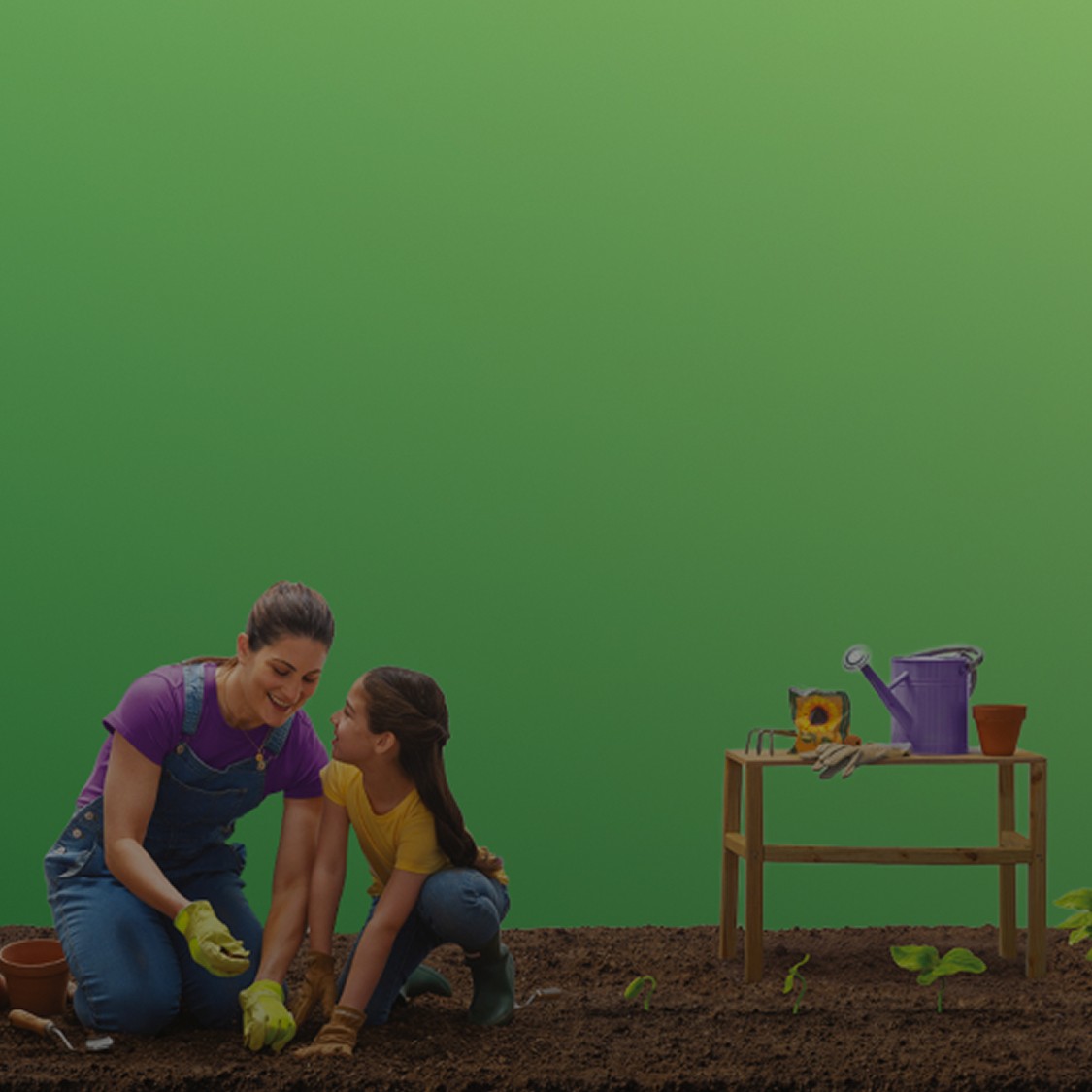 vrouw en meisje tuinieren met groeiende zonnebloemen en een groene achtergrond