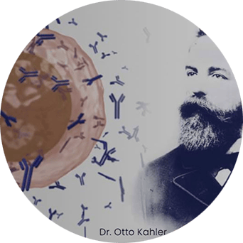 m-proteine in het bloedvat met een foto van de ontdekker van de ziekte multipel myeloom Otto Kahler Title card: Herken bloedkanker