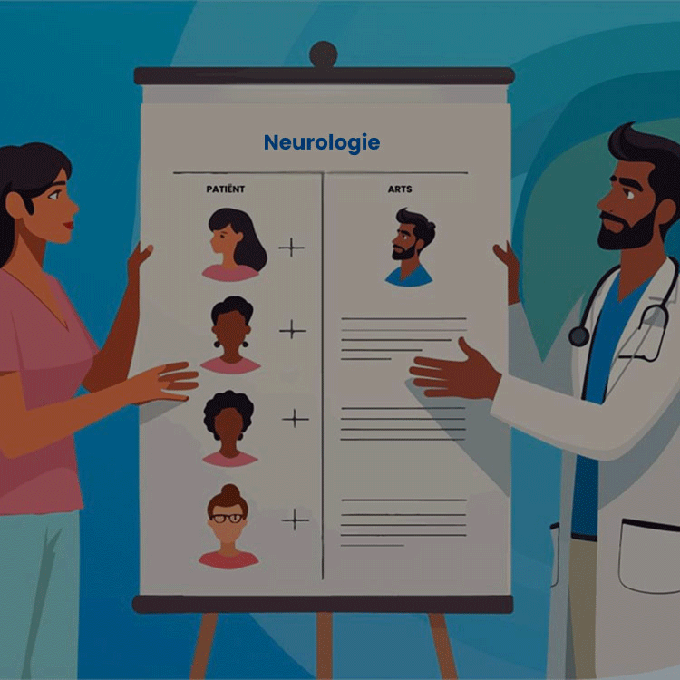 Arts en vrouw bespreken een NMOSD-posterpresentatie met illustraties van symptomen op een blauwe achtergrond.