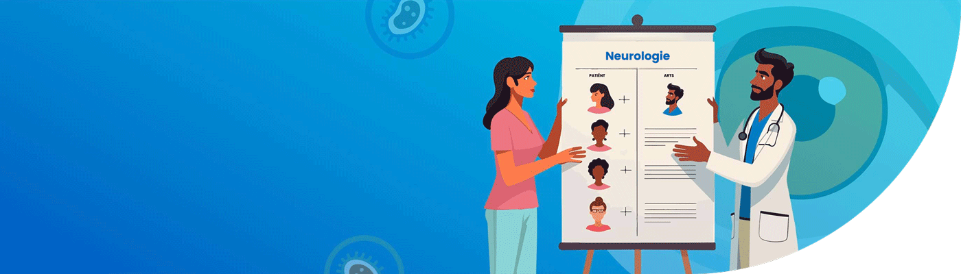 Arts en vrouw bespreken een NMOSD-posterpresentatie met illustraties van symptomen op een blauwe achtergrond.
