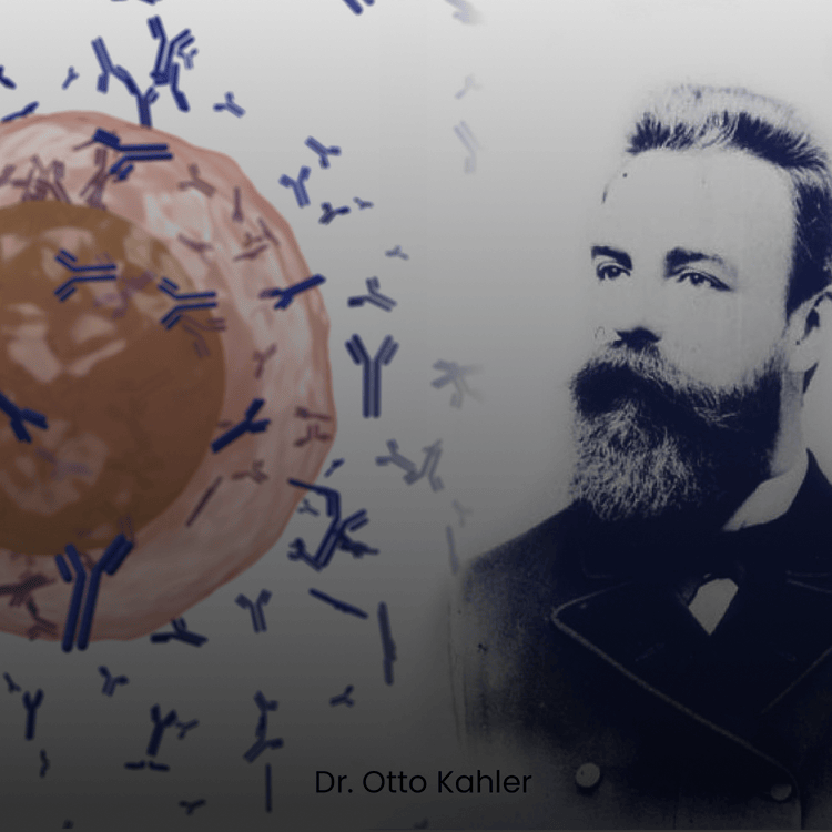 m-proteine in het bloedvat met een foto van de ontdekker van de ziekte multipel myeloom Otto Kahler