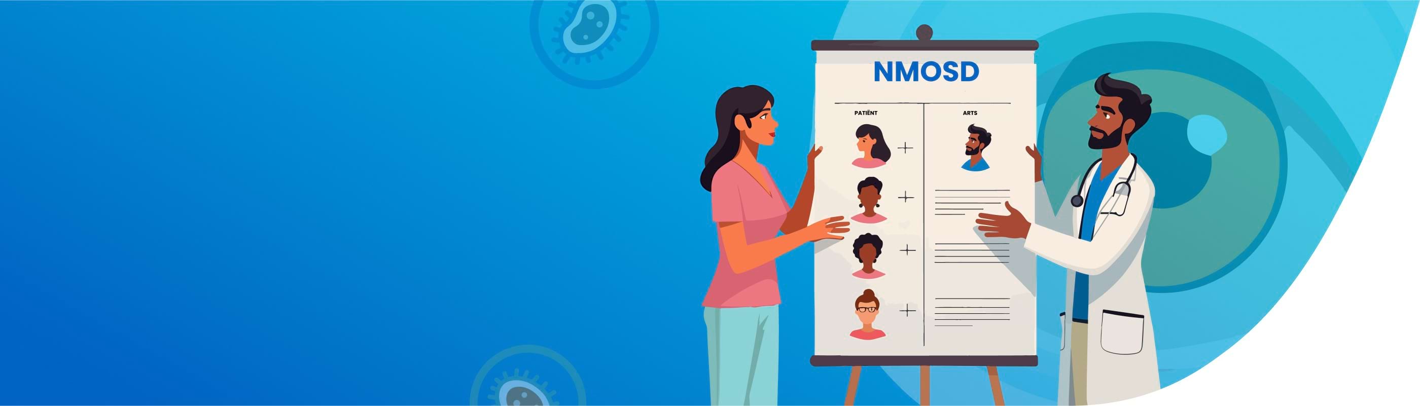 Arts en vrouw bespreken een NMOSD-posterpresentatie met illustraties van symptomen op een blauwe achtergrond