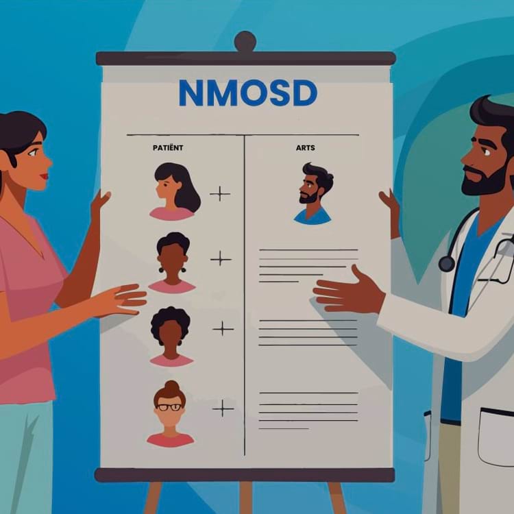 Arts en vrouw bespreken een NMOSD-posterpresentatie met illustraties van symptomen op een blauwe achtergrond