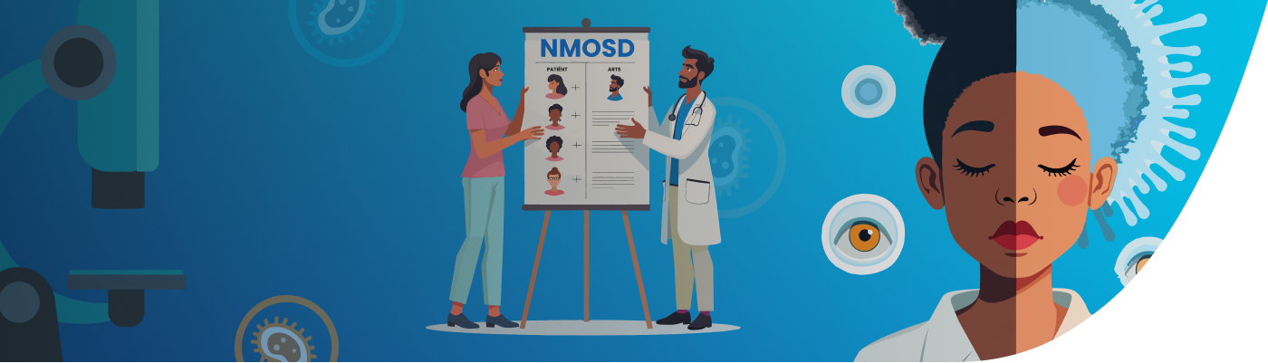 Illustratie van een arts en een verpleegkundige die voor een poster staan met de titel ‘NMOSD’. De poster toont verschillende patiëntenprofielen en medische aantekeningen. De achtergrond is blauw met subtiele medische pictogrammen en een gestileerde afbeelding van een oog.
