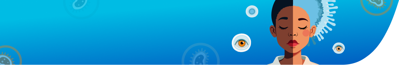 Illustratie van een arts en een verpleegkundige die voor een poster staan met de titel ‘NMOSD’. De poster toont verschillende patiëntenprofielen en medische aantekeningen. De achtergrond is blauw met subtiele medische pictogrammen en een gestileerde afbeelding van een oog.